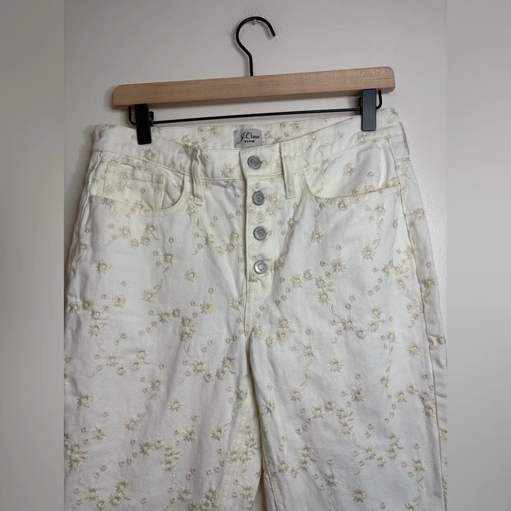 J.Crew‎ Billie Demi Boot Crop Jeans 28 White Embroidered Floral Raw Hem Cotton